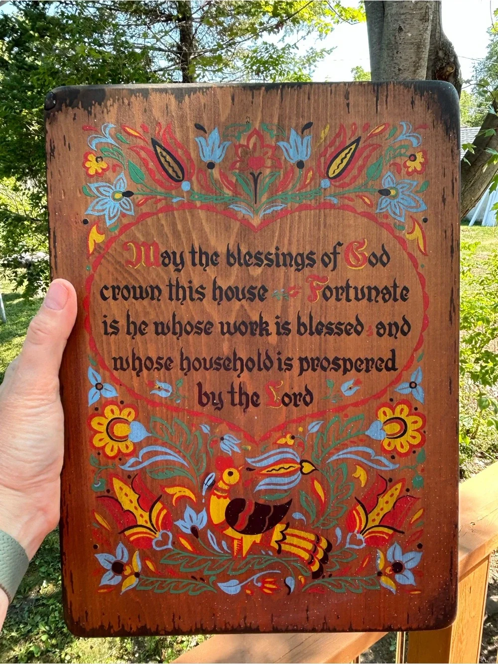 Vintage Folk Art Wooden Blessings Wall Plaque Multicolor Religious 13.5x9.5